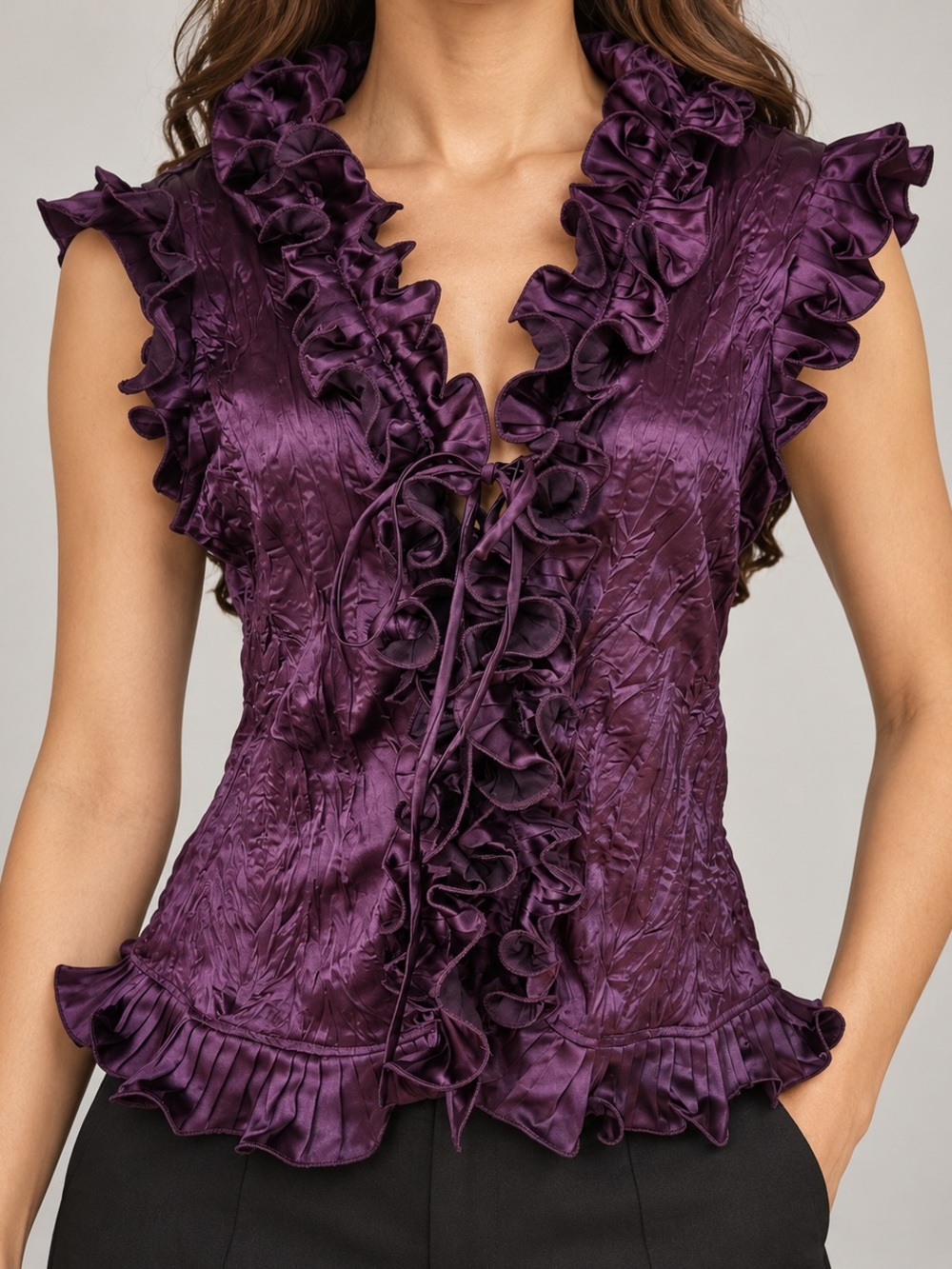 💜 Purple Crushed-Satin Look 👀 Ruffle Tie-Front Blouse Pirate Whimsigoth Y2K